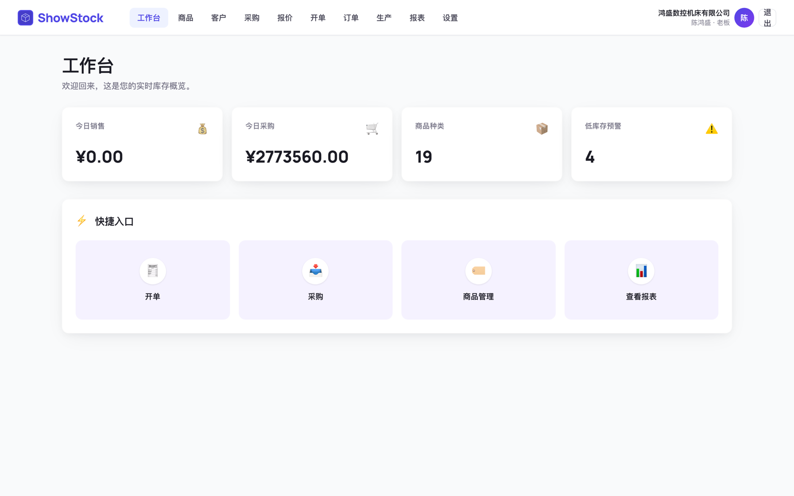 ShowStock 工作台 — 今日销售/采购、商品种类、低库存预警一屏总览